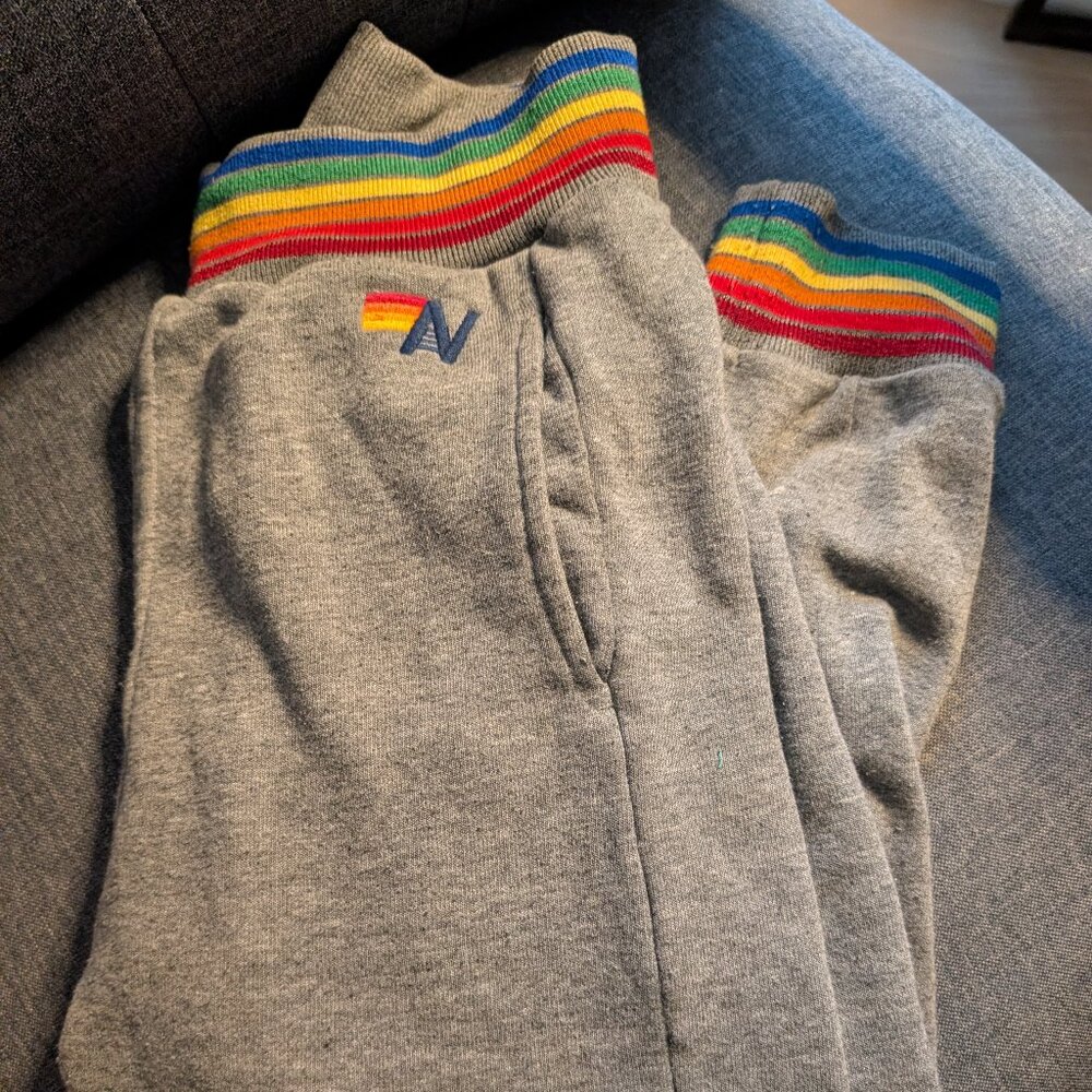 Aviator Nation gray sweatpants joggers, XS - 5 stripe rainbow